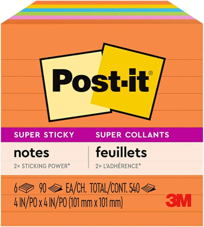 Post-it Super Sticky Lined Notes, 6 Sticky Note Pads, 4 x 4 in., School Supplies, Office Products, Sticky Notes for Vertical Surfaces, Monitors, Walls and Windows, Energy Boost Collection