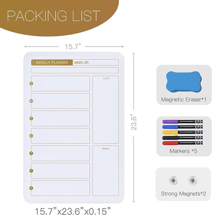 SELEAD Magnetic Glass Whiteboard Weekly Planner - 16”x24” Dry Erase Calendar White Board for Wall, Menu TODO Grocery List Board for Home Kitchen Restaurant - White&Gold