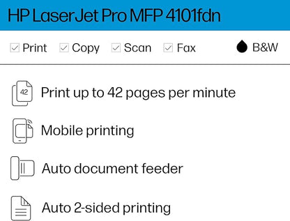 HP LaserJet Pro MFP 4101fdn Printer, Print, scan, copy, fax, Fast speeds, Easy setup, Mobile printing, Advanced security, Best for small teams, Ethernet/USB only