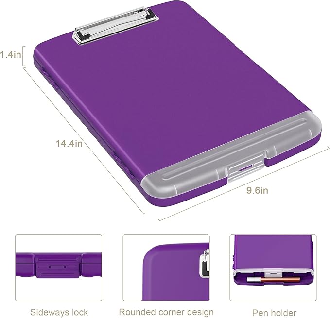 Piasoenc Clipboard with Storage, 8.5 x 11 Organization Box with Pen Holder and A4 Legal Paper Folder, Heavy Duty Plastic, Folio & Side-Opening, Low Profile Clip, for Teachers, Lawers, Deep Purple