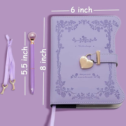 Diary with Lock and Keys for Girls Gift Ideas, 360 Gold Edged Pages Journal for Women, B6 Refillable Notebook for Writing with Pen and Bookmark (Garden Purple)
