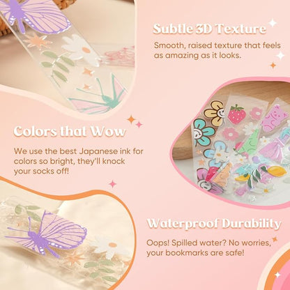 48PCS Bookmark Making Kit, 24 Acrylic Bookmark Blanks with 24Pcs Tassels, 24 UV Stickers about Fruit Theme, DIY Blank Bookmarks Waterproof UV DTF Transfers Stickers for Clear Bookmarks DIY Projects