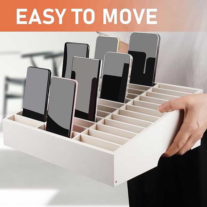 Wooden 36-Grid Cell Phones Storage Box Desktop Mobile Phone Holder Organizer for Office School Classroom (36-Grid White)