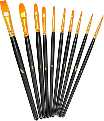 BOSOBO Paint Brushes Set, 10 Pieces Round Pointed Tip Paintbrushes Nylon Hair Artist Acrylic Paint Brushes for Acrylic Oil Watercolor, Face Nail Body Art, Miniature Detailing & Rock Painting, Black