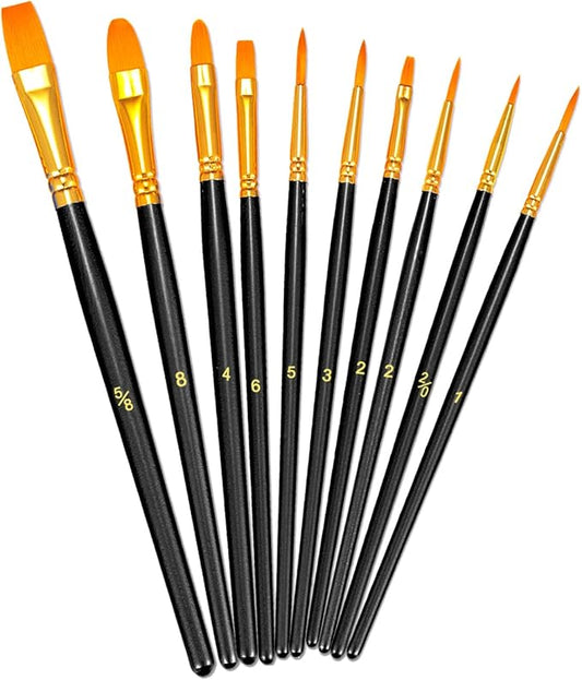 BOSOBO Paint Brushes Set, 10 Pieces Round Pointed Tip Paintbrushes Nylon Hair Artist Acrylic Paint Brushes for Acrylic Oil Watercolor, Face Nail Body Art, Miniature Detailing & Rock Painting, Black