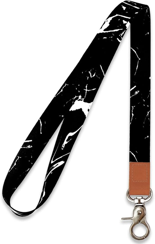 Black Marble Lanyard, Long Neck Lanyard with Metal Clasp, Sturdy Durable Women Men Id Badge Lanyard, Neck Lanyard Strap Ideal for Car Keys, Card Holder, Whistle, Keychain, Wallet