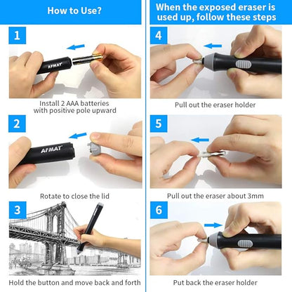 Battery Operated Pencil Eraser for Sketching Pencils/Drafting/Drawing/Graphite Pencils, Couture Creations Creative Detailer Tool, AFMAT Electric Eraser Kit for Artists, 140 Refills