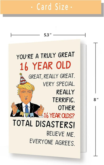 Funny Trump 16th Birthday Card for Boys Girls, Cool 16th Birthday Card Gift for Son Daughter, Unique 16 Year Old Birthday Decoration for Him Her