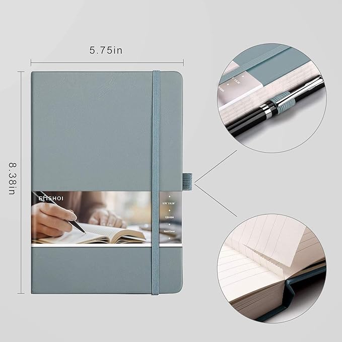 EMSHOI Lined Journal Notebook - 256 Numbered Pages 120gsm Thick Leather Journal with Sticky Notes, A5 Hardcover College Ruled Notebook for Women Men Work School Writing, Medium 5.75" x 8.38"-GrayBlue