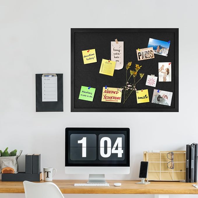 Large Cork Board Bulletin Boards 23"x17", Pin Board Wood Framed Display with Felt, Cork Boards for Wall, Jewelry, Notes, Memos, Photos, Home, Kitchen, Office, School, Wood Framed(Black) & Felt(Black)