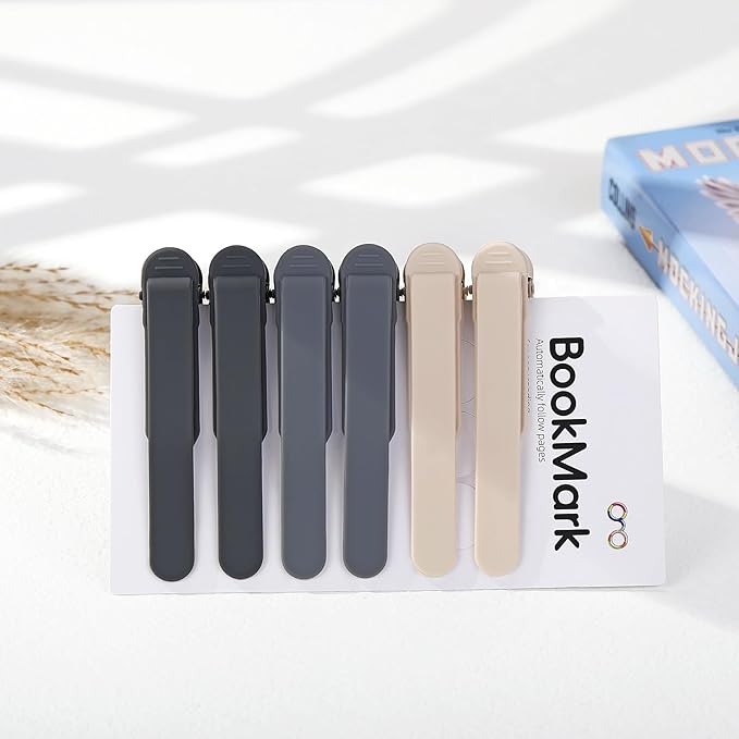 6Pcs Automatic Bookmark, Silicone Smart Book Marks for Reading Women, Men, Kids,Cute Unique Book Markers Bookmark Clip Reading Accessories Gifts for Book Lovers (2 Dark Grey+2 Light Grey+2 Beige)