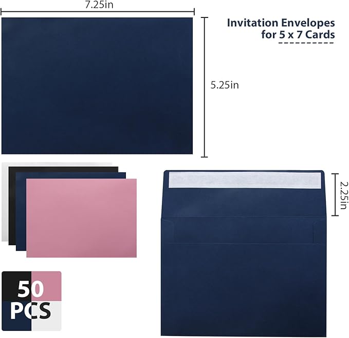 50 Packs Blue A7 Envelopes,5x7 Envelopes for Invitations,Printable invitation envelope,Photos, postcards, greeting cards, mailings, Wedding Self-sealing (Blue), Blue,White, ‎‎xfg002