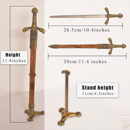 11" Metal Excalibur Sword Stainless Steel Letter Opener with Stand,Medieval Vintage Gold Handle,Mini Sword,Lightweight Hand Envelope Slitter,Special Gift