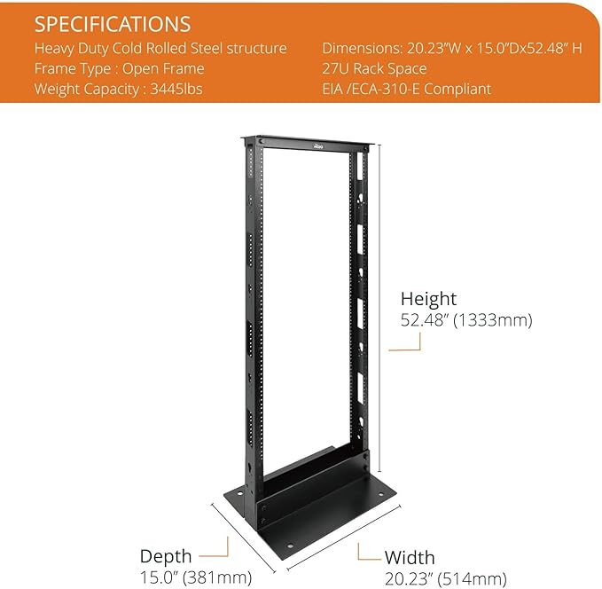 2-Post 27U Open Frame Server Rack for 19in AV/Data/IT Network Equipment,with Tapped Hole