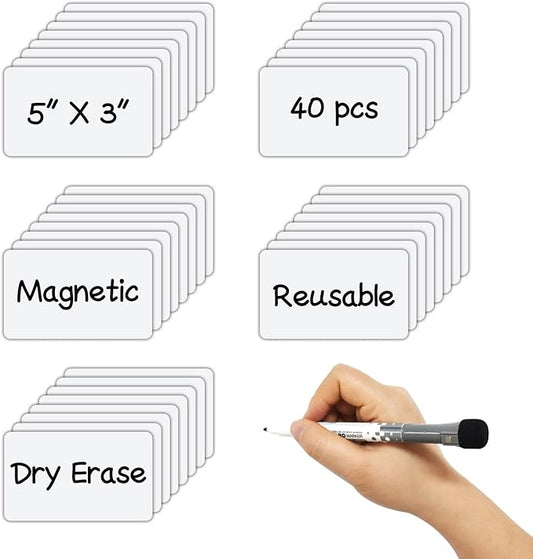 Dry Erase Magnetic Label 5x3 Inch White, Reusable Magnetic Dry Erase Labels for Whiteboards，Pack of 40
