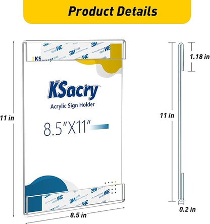 30 Pcs Acrylic Sign Holder 8.5 x 11, Vertical Wall Mount Sign Holders with 3M Adhesive, Clear Plastic Frames Paper Display Sign Holders for Office, Home, Store, Restaurant - No Drilling