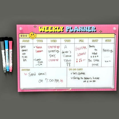 GEEKBEAR Dry Erase Refrigerator Calendar with 3 Markers - Attachable to Any Fridge with Special Suction Cups - Monthly and Weekly Designs, Acrylic - 15.7" x 10.6" (07. Smile Pink, Weekly)