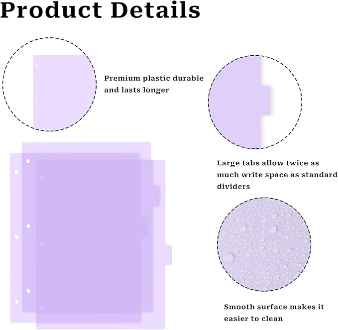 3 Ring Pink Binder Dividers with 8-Tabs, A4 Purple Binder Dividers, Sturdy Plastic Dividers, Aesthetic Dividers for Binder, Suitable for Notebooks and Binders, Tabs for Binder, 3 Hole Punch(Purple,A4)