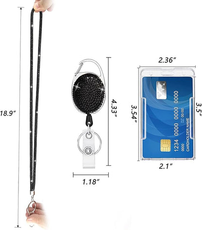 VIQWYIC Retractable ID Badge Holder with Clip, ID Name Badge Reels with Bling Rhinestones Retractable Card Holder for Office Worker Teacher Doctor Nurse (Black)