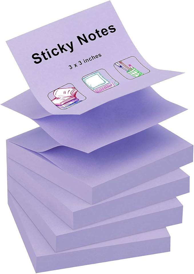 ZCZN 400 Sheets Pop-up Sticky Notes, 3 x 3 Inches, 4 Pads Bright Color Self-Stick Notes, 100 Sheets/Pad, Light Purple