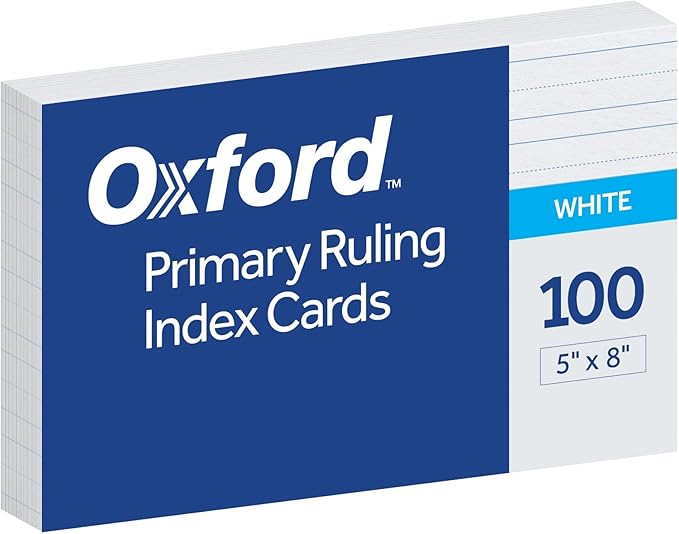Oxford Primary Ruled Index Cards, 5 x 8 Inches, White, Lined on Front, Blank on Back, Kids Handwriting Practice Cards, Pre-K, K-2, 100 Count (46002)