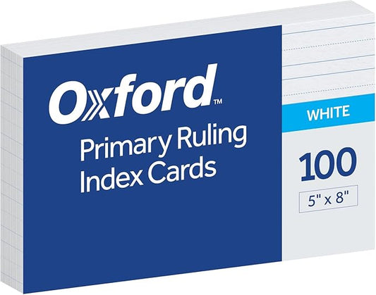 Oxford Primary Ruled Index Cards, 5 x 8 Inches, White, Lined on Front, Blank on Back, Kids Handwriting Practice Cards, Pre-K, K-2, 100 Count (46002)