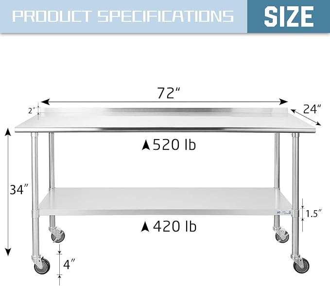 HALLY Stainless Steel Table for Prep & Work 24 x 72 Inches with Caster Wheels, NSF Commercial Heavy Duty Table with Undershelf and Backsplash for Restaurant, Home and Hotel