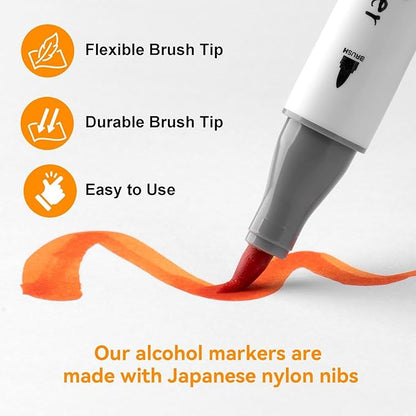 SFAIH Pastel Alcohol Markers Brush Tip - 51 Colors Double Tipped Art Markers for Artist Adult Coloring Illustration, Gifts for Artist Adult, Dual Tip Brush & Chisel - Refillable Ink