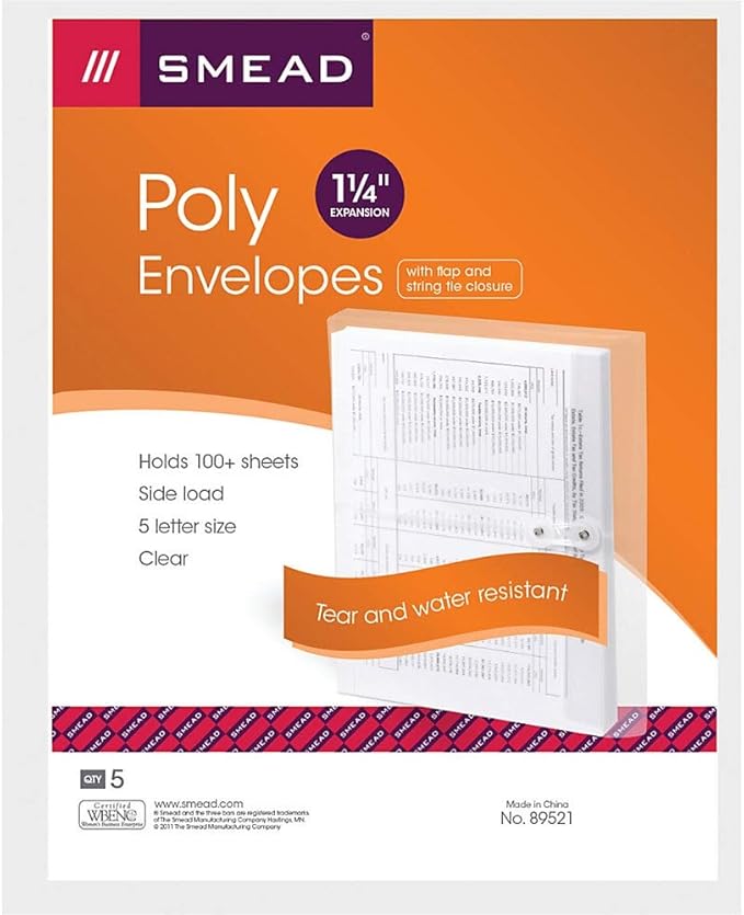 Smead Poly Envelope, 1 1/4 Inch Expansion, String-Tie Closure, Side Load, Letter Size, Clear, 5 per Pack (89521)