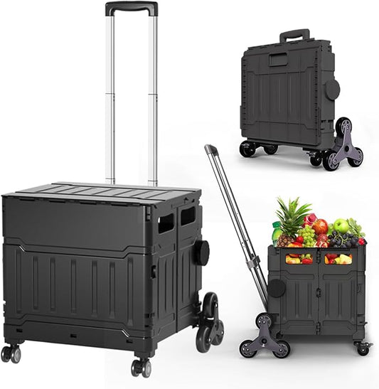 Foldable Utility Cart with Stair Climbing Wheels,Folding Portable Rolling Crate Handcart with Aluminium Alloy Telescoping Handles, Handcart for Grocery Book File Tool Art Supplies