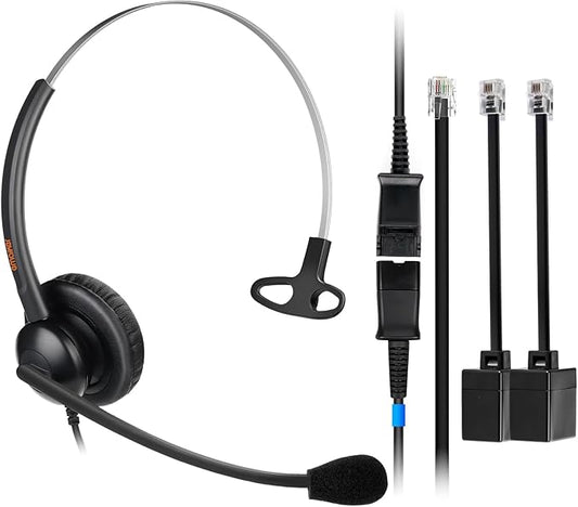 One Ear Wired Office Headset | Single Ear RJ9/RJ11 Call Center Telephone Headset | Noise-Cancelling Mic | Compatible with Landline/IP Phones - Yealink, Sangoma, Grandstream, Akuvox, Escene