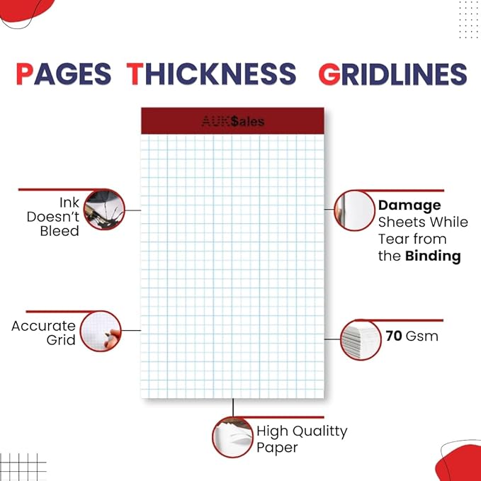 Grid Paper Pad 5x8 Inches – Graph Paper Pad 4x4, Grid Notepad, 1 Pack, 5x8 Graph Paper 1/4 Grid, Graphing Paper, Engineering Pad – 100 Sheets 200 Pages Perforated Pad for School, Home, & Office