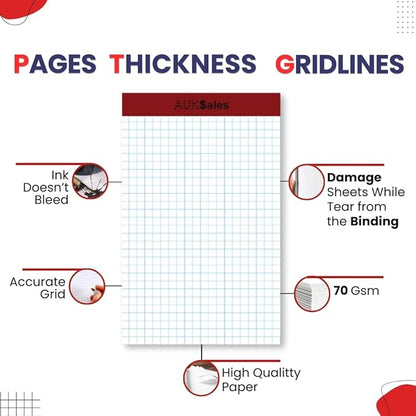 Grid Paper Pad 5x8 Inches – Graph Paper Pad 4x4, Grid Notepad, 1 Pack, 5x8 Graph Paper 1/4 Grid, Graphing Paper, Engineering Pad – 100 Sheets 200 Pages Perforated Pad for School, Home, & Office