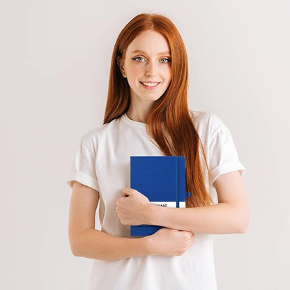 Dotted Journal/Notebook - Dot Grid Hard Cover Notebook, Premium Thick Paper with Fine Inner Pocket, Black Smooth Faux Leather, Pen Loop, 5.3'' x 8.26'' - Deep Blue