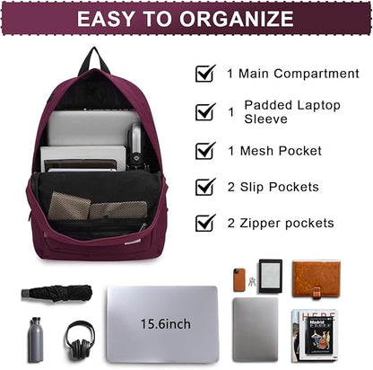 RAVUO Casual Backpack for Women, Water Resistant Classic Basic 15.6 inch Laptop Backpack Rucksack Travel Daypack Bookbag Burgundy