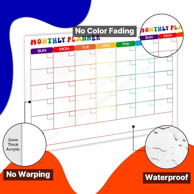 GEEKBEAR Dry Erase Refrigerator Calendar with 3 Markers - Attachable to Any Fridge with Special Suction Cups - Monthly and Weekly Designs, Acrylic - 15.7" x 10.6" (06. Rainbow, Weekly)