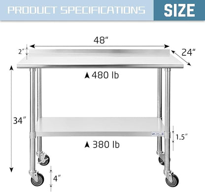 HALLY Stainless Steel Table for Prep & Work 24 x 48 Inches with Caster Wheels, NSF Commercial Heavy Duty Table with Undershelf and Backsplash for Restaurant, Home and Hotel