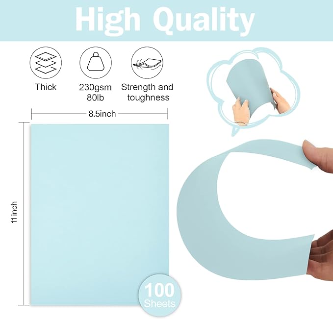 100 Sheets Light Blue Cardstock 8.5 x 11 Pastel Paper, Goefun Blue Card Stock Printer Paper for Wedding Invitations, Menus, Crafts, DIY Cards
