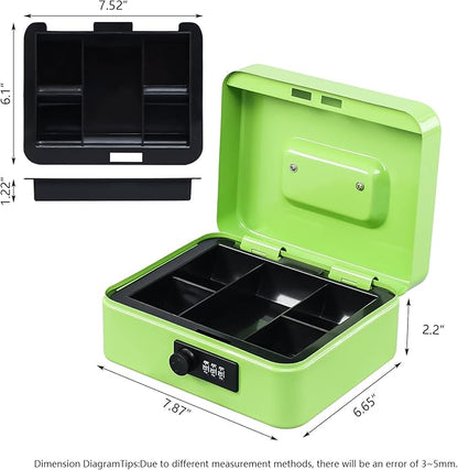 KYODOLED Cash Box with Combination Lock,Safe Metal Box for Money,Storage Lock Box with Money Tray,7.87"x 6.30"x 3.54" Limegreen Medium