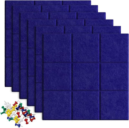 Large Felt Board Tiles for Wall with 30 Push Pins, 11.8"x11.8" Pack of 6 Pin Board Notice Boards for Home Office Kitchen, Bulletin Board Wall Tiles for Photos Memos (Dark Blue, 6 Pack)