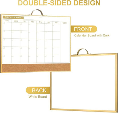 ARCOBIS Dry Erase Calendar with Cork Board for Wall, 12"x16" Magnetic Monthly Calendar Whiteboard with Gold Frame, Double-Sided Planner & White Board for Home, Office, School