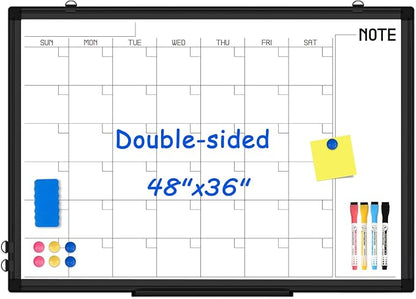 WALGLASS Dry Erase Calendar Whiteboard, 48" x 36" Monthly Large Dry Erase Calendar for Wall, Double-Sided Hanging Calendar White Board with Black Aluminum Frame for Home, School, Office, Kitchen