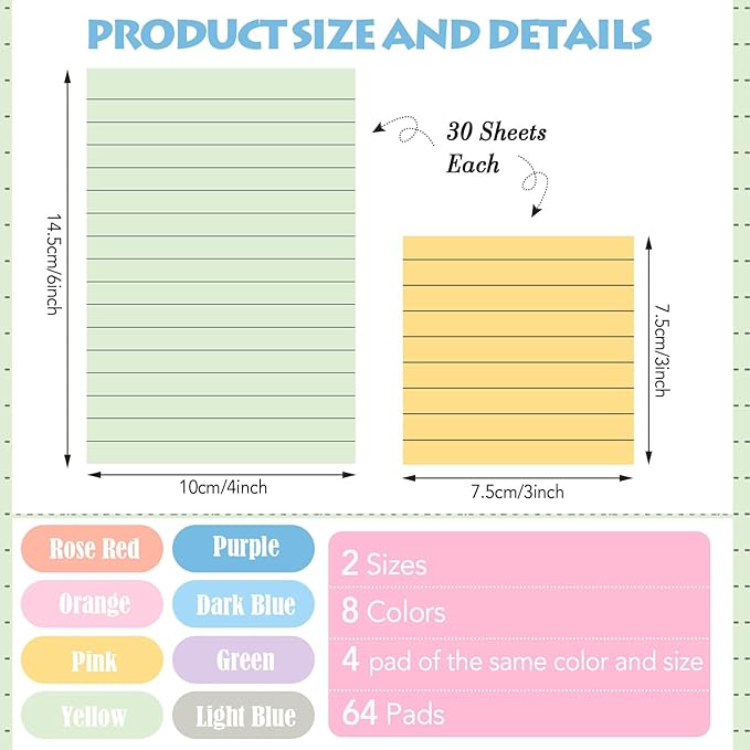 Yexiya 64 Pcs Lined Sticky Notes Self Stick Notes with Lines Bright Assorted Colors Sticky Notes for Home Office Products Post Memos, 1920 Sheets(4 x 6 Inch, 3 x 3 Inch,Fresh Color)