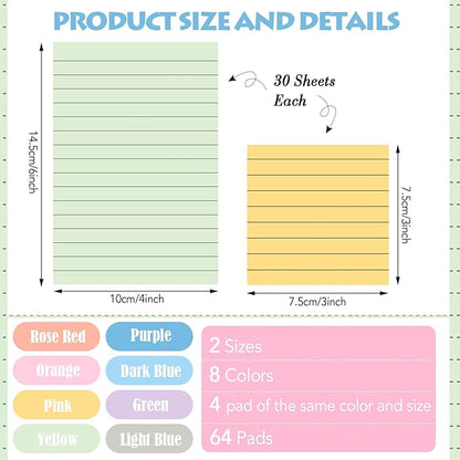Yexiya 64 Pcs Lined Sticky Notes Self Stick Notes with Lines Bright Assorted Colors Sticky Pad for Home Office Products Post Memos, 1920 Sheets(4 x 6 Inch, 3 x 3 Inch,Fresh Color)