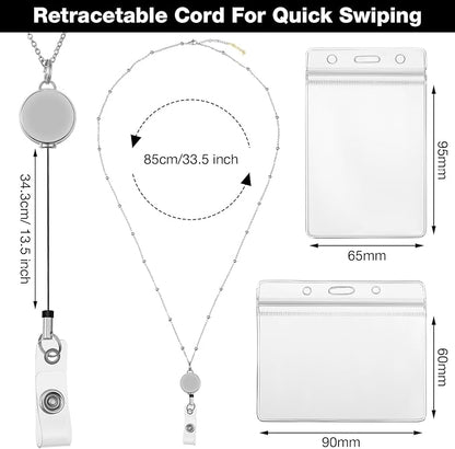 Outus 2 Pieces Badge Lanyard with ID Holders Stainless Steel Badge Holders Necklace Retractable Reel Clip Chain Water Resistant Name(Silver)