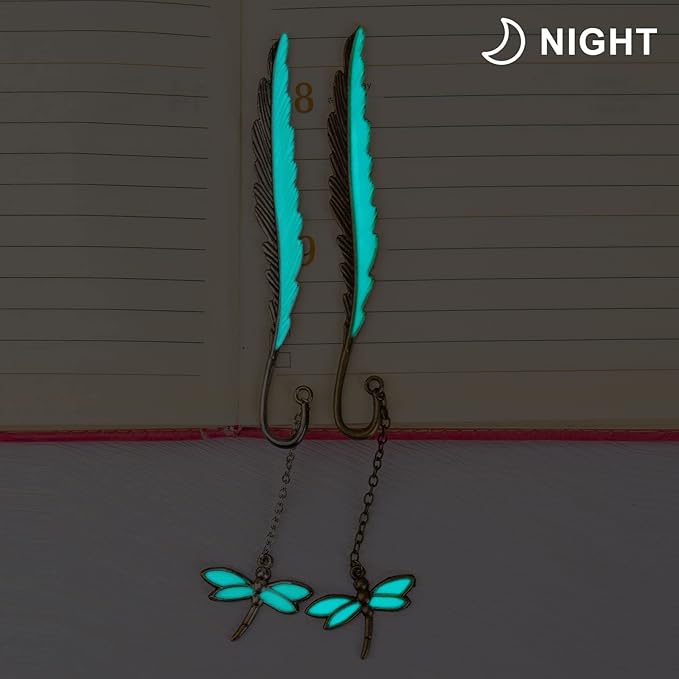 2 Pack Vintage Feather Metal Bookmark, Unique Glow in The Dark Bookmark Gift for Men Women (Dragonfly 2 Pack)
