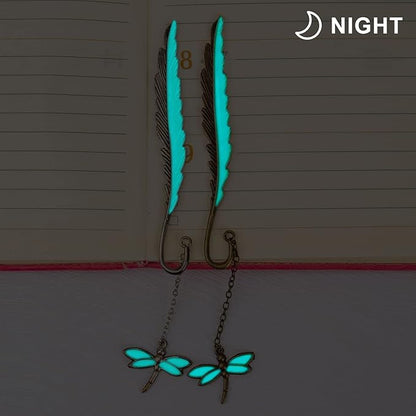2 Pack Vintage Feather Metal Bookmark, Unique Glow in The Dark Bookmark Gift for Men Women (Dragonfly 2 Pack)