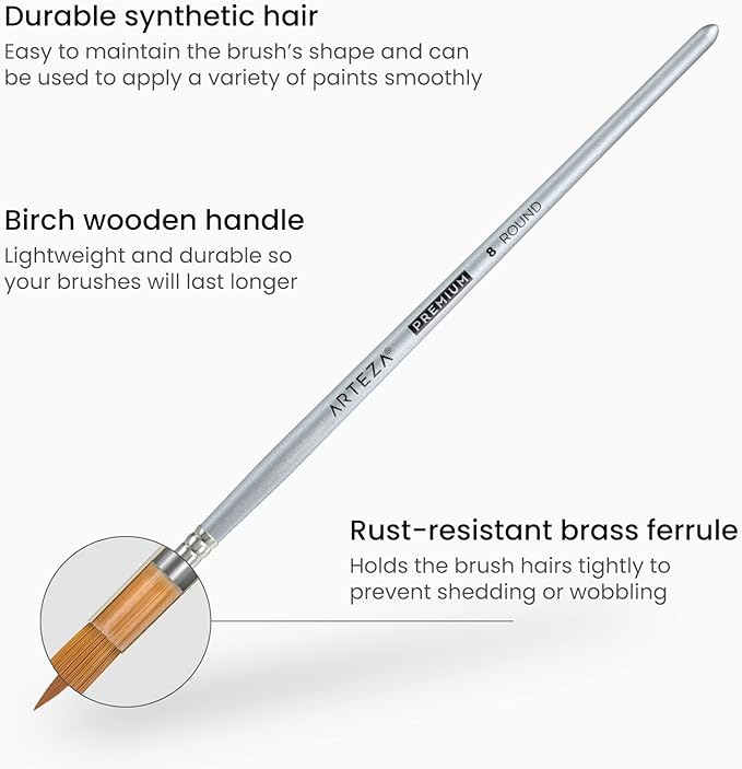 ARTEZA Watercolor Paint Brushes, Set of 5, Round Synthetic Soft-Bristle Brushes