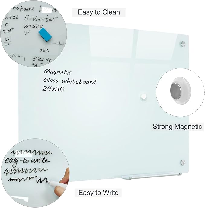 Glass Magnetic White Board - 36 x24 Inches Dry Erase Glass Whiteboard for Wall