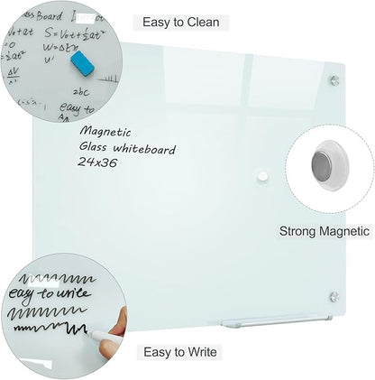 Glass Magnetic White Board - 36 x24 Inches Dry Erase Glass Whiteboard for Wall